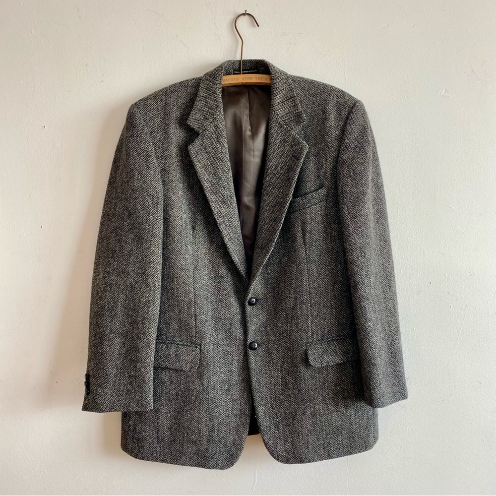 Vintage Harris Tweed Jacket Wool Tweed Grey Herringbone Blazer 42 Long/Tall